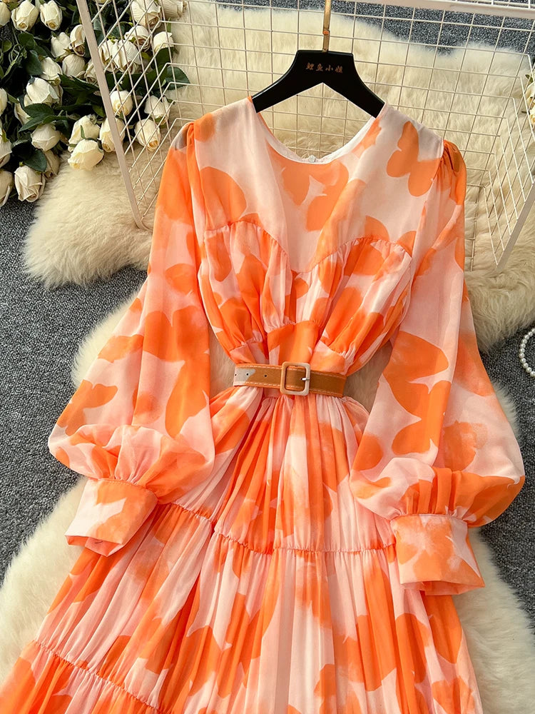 Spring Summer Women's Long Sleeved Printed Large Swing Dress New French Fashion Beach Style Cinched Round Neck Long Dress Y01