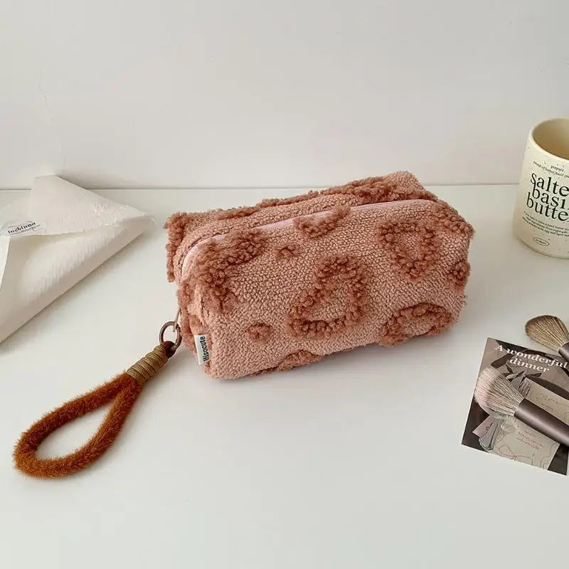 Cute Plush Makeup Bag For Women Portable Travel Small Cosmetic Bags Solid Color Zipper Toiletry Bag Washing Pouch Storage Bags