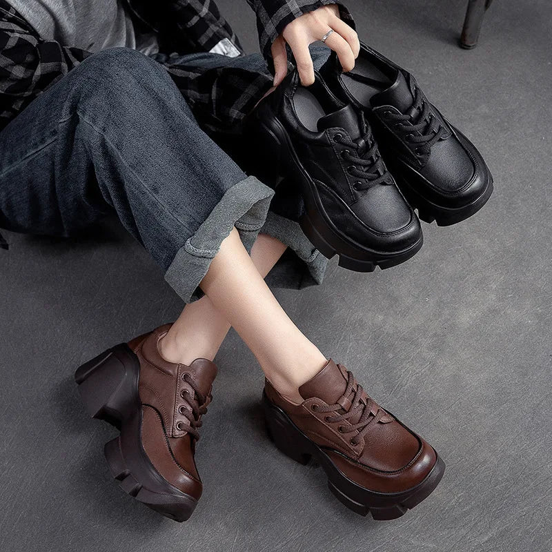 GKTINOO 2026 Women Shoes Handmade Retro 100% Genuine Leather Thick High Heel Chunky Platform Casual Height Increasing Shoes
