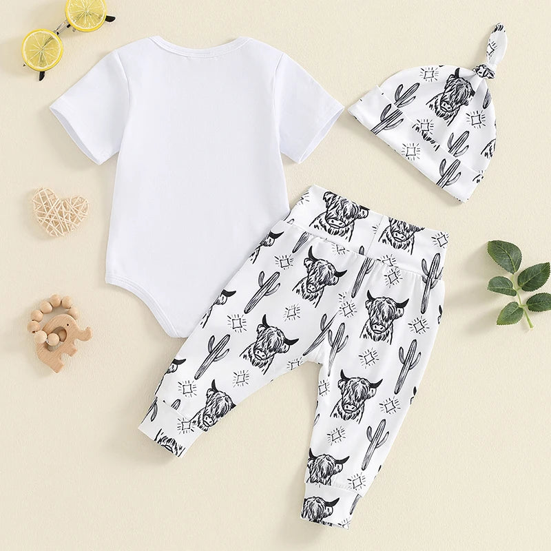 Baby Boys Western Outfits New To The Herd Letter Bodysuit Long Leggings Cap 3pcs Newborn Baby Country Cowboy Clothes