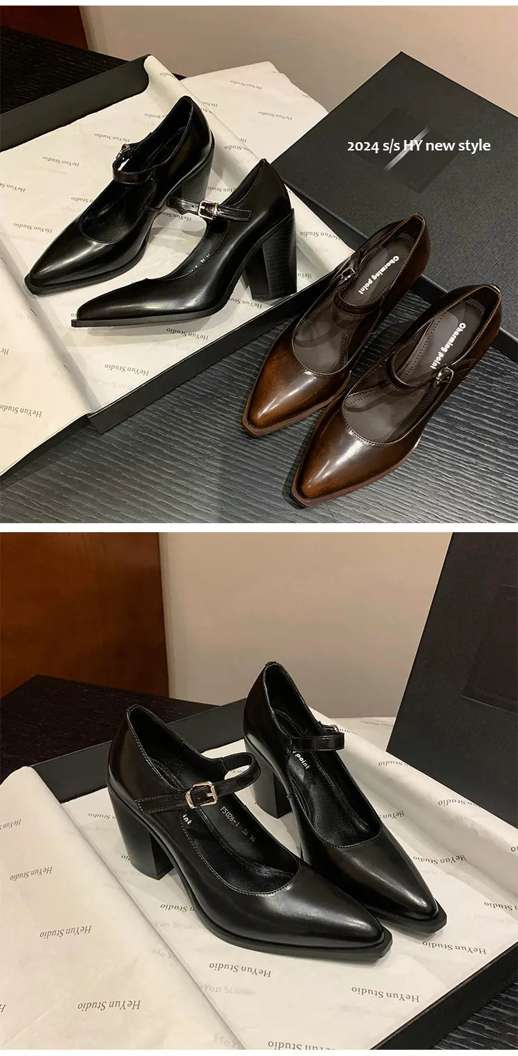MKKHOU Fashion Pumps New High Quality Genuine Leather Pointed High Heels Mary Jane Shoes Women's Heels Leather Shoes Women Shoes