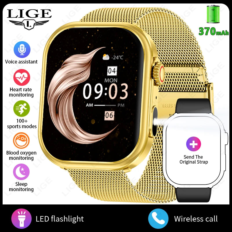 LIGE Women Smart Watch 2.01" IP68 Waterproof Outdoor Sports Tracker LED Flashlight Bluetooth Call Men Smartwatch For Android iOS
