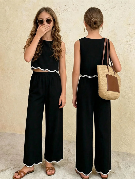 Teen Girls 2Pcs Casual Set, Black Sleeveless Scalloped Lace Vest Elastic Waist Wide Leg Trousers for Vacation Photoshoot