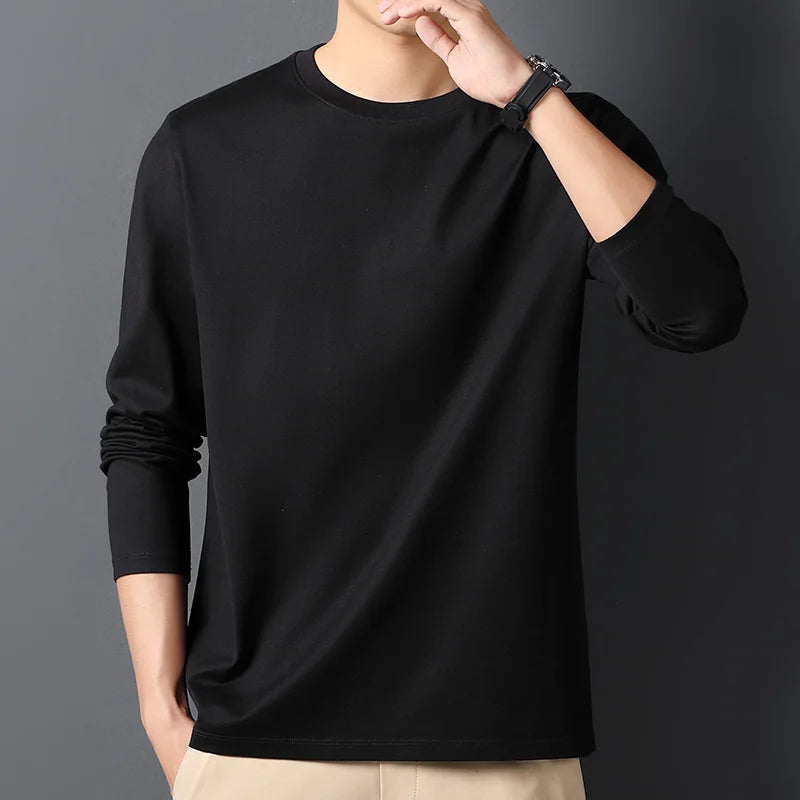 Spring Autumn 100% Cotton T-Shirts Men Solid Round Neck Long Sleeve Casual Tshirt Male Comfortable Breathable Korean Slim Tees