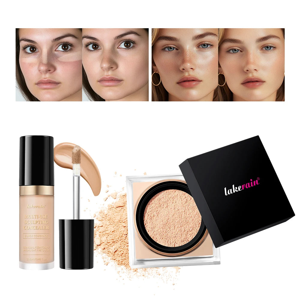 2pcs Face Makeup Set With Concealer And Loose Setting Powder Natural Face Smooth Matte Finish Women Cosmetics Korean Makeup