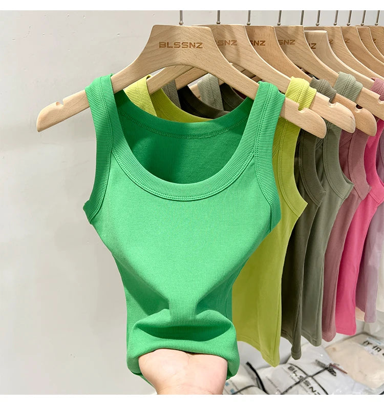 Women Solid Round Neck Ribbed Tank Top Camisole Women 2026 Summer Basic Elastic Tank Top O Neck Solid Tank Top