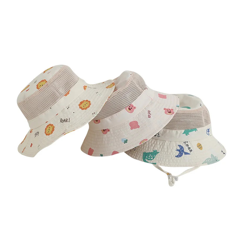 Children Summer Hat Cartoon Print Mesh Bucket Hats for Girls Boys Beach UV Protection Accessories Kids Items 3-8 Years