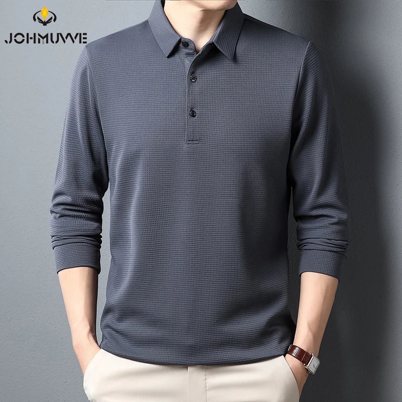 Men's Business Casual Polo Long Sleeve T-shirt Summer Comfortable Solid Cotton Top