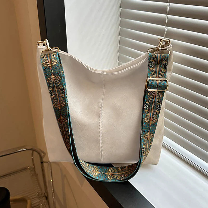 Antique Single Color Feminine Shoulder Sling Bag; Spacious, Simple, Wide Strap Bucket Crossbody Bag
