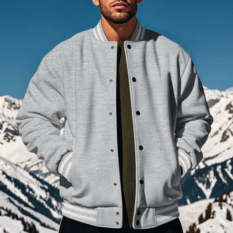 Men's baseball jacket autumn and winter fleece American solid color loose casual stand-up collar single-breasted flight jacket