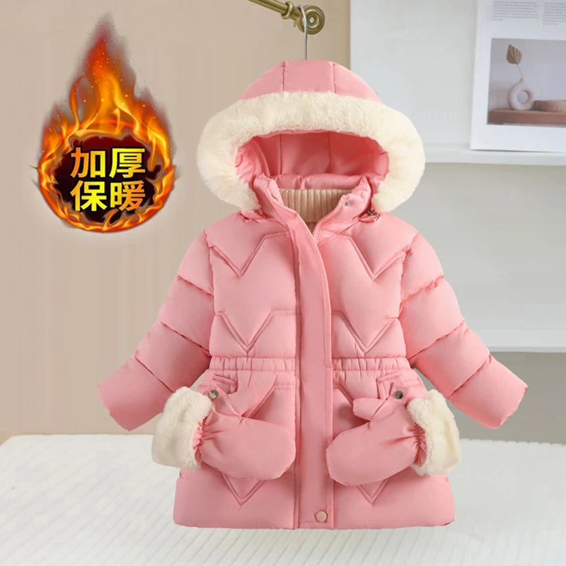 2025 Winter New Girls Jacket Long Solid Color Lining Berber Fleece Thick Warm Hooded Parka For 4-10Y Girls Bow Fashion Snowsuit