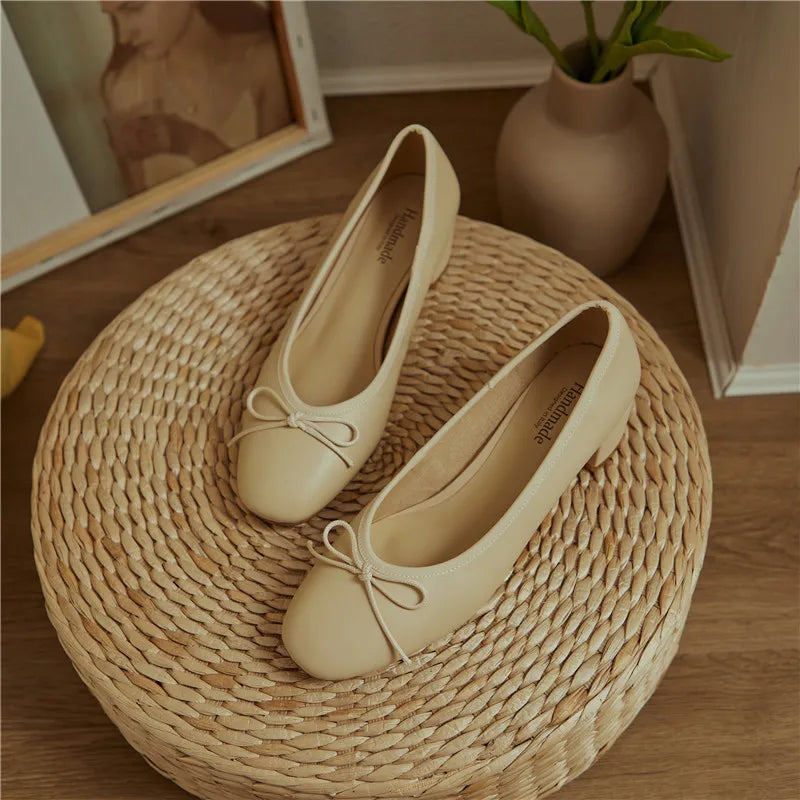 2025 Genuine Leather Women Shoes Fashion Butterfly-knot Spring and Autumn Pumps Slip-On Casual Shoes Chunky Heel Size 34-40