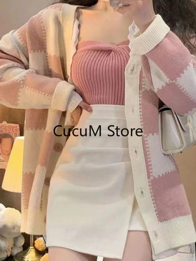 Y2k Knitted Sweater Suit Woman Elegant Fashion Suit Corset Vest + Casual Bodycon Skirt + Warm Plaid Sweater Cardigan Autumn