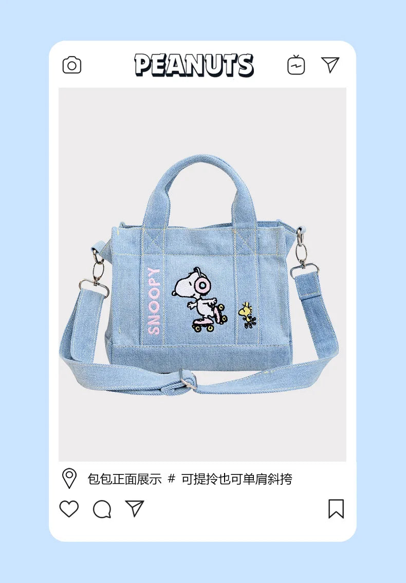 Kawaii Snoopy Denim Tote Bag Cartoon Animation Student Cute Tote Bag Embroidery Lunch Crossbody Bag