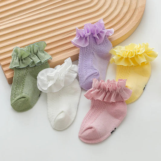 Nuevos calcetines bonitos para niños recién nacidos, calcetines con volantes para niñas, calcetines tobilleros de algodón con volantes para bebés con decoración de encaje