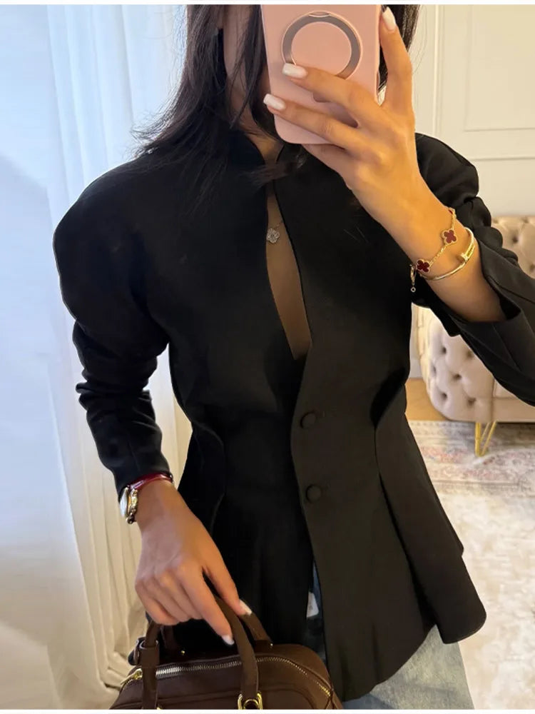 Elegant Pleated Waist Cinched Women's Jacket  Chic V Neck Single Breasted Lace Up Coat 2026 Lady Casual Slim Commute Outerwear