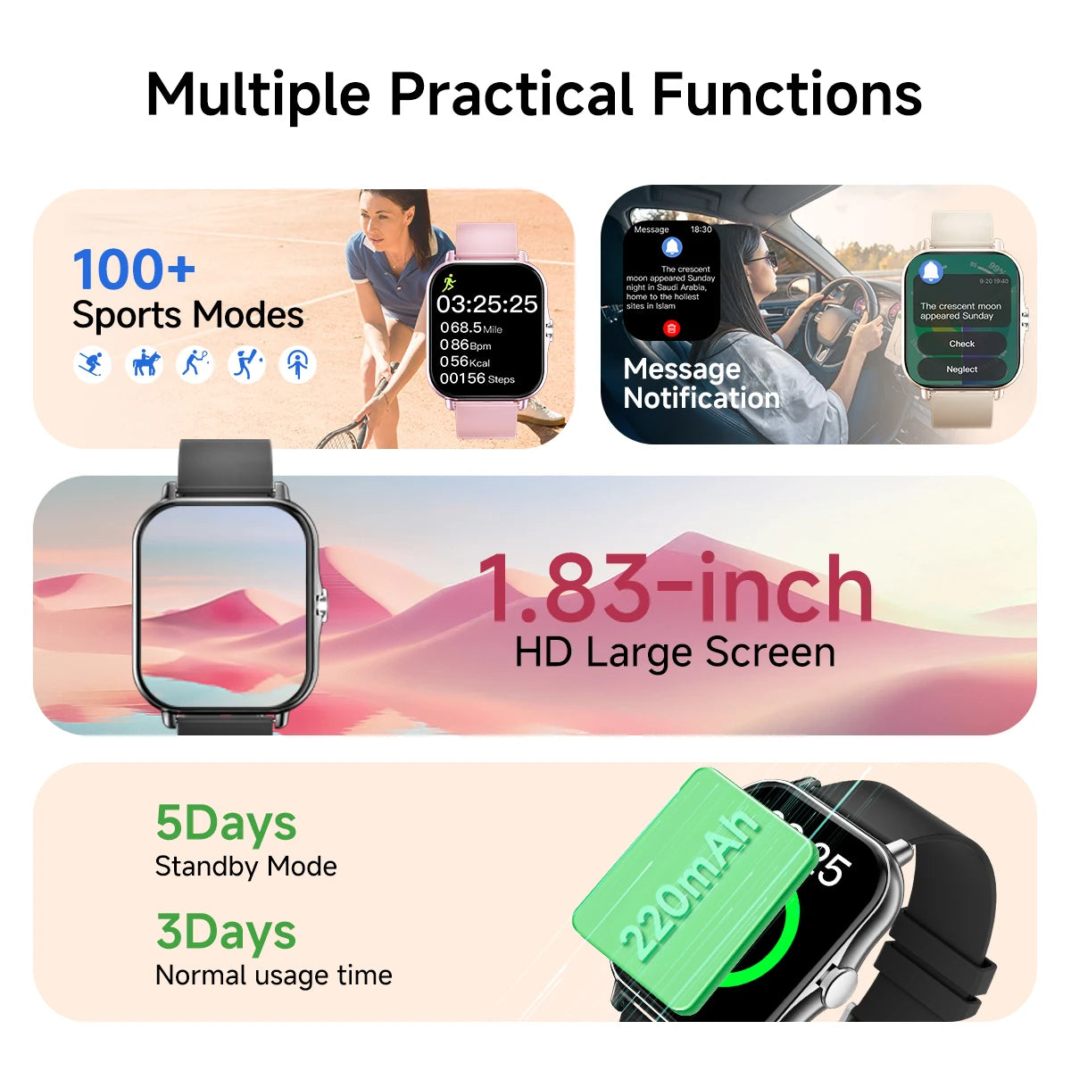 2026 New Smart Watch 1.83 HD Screen Multi-color Watch Strap Bluetooth Call Outdoor Sport Watch For Android/IOS Men Women