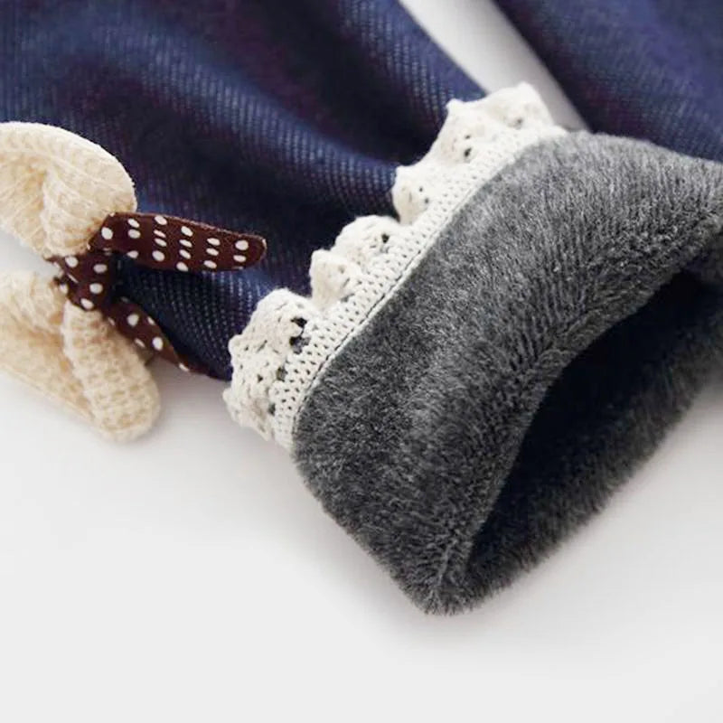 Girls Jean Pants Autumn Winter Warm Children Leggings Thicken Velvet Bowknot Kids Trousers Baby Girl Pants Icing Leggings