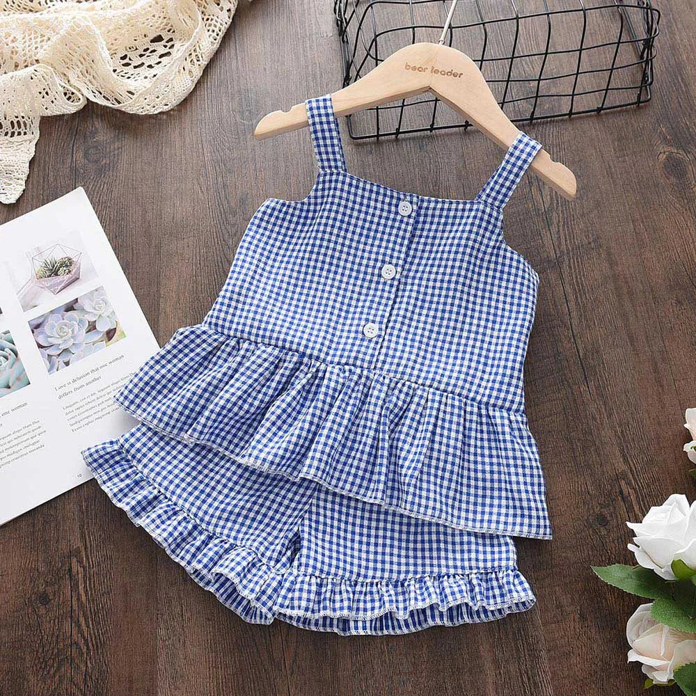 Menoea 2-Pieces Sets Baby Girls Fashion Clothes for Children's Clothing New Summer Kids Plaid Suspender Vest Pants Suits Outfits