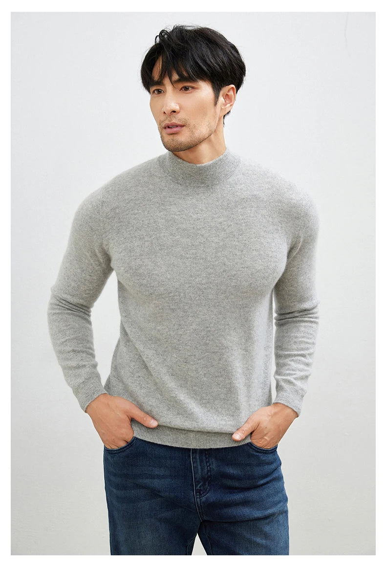 100% Pure Cashmere Men's Sweater Half High Neck Pullover Youth Business Casual Long Sleeve Jumper Spring/Autumn High-End Jacket