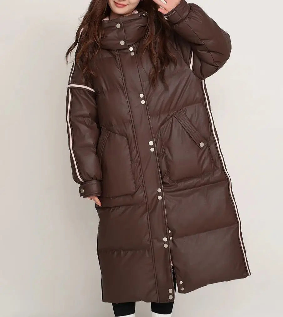 Winter Color-matched Plaid Hooded Casual Knee-length Down Jacket