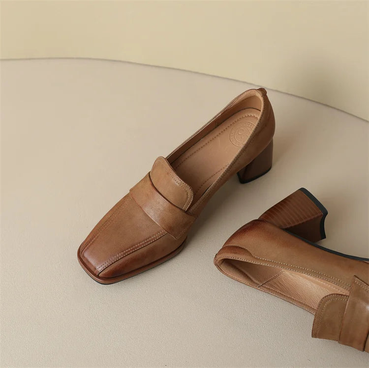 2024 Spring New GENUINE LEATHER Women Shoes LEISURE Women Slip-On Shallow Pumps Square Toe Heels Shoes Women Zapatos De Mujer
