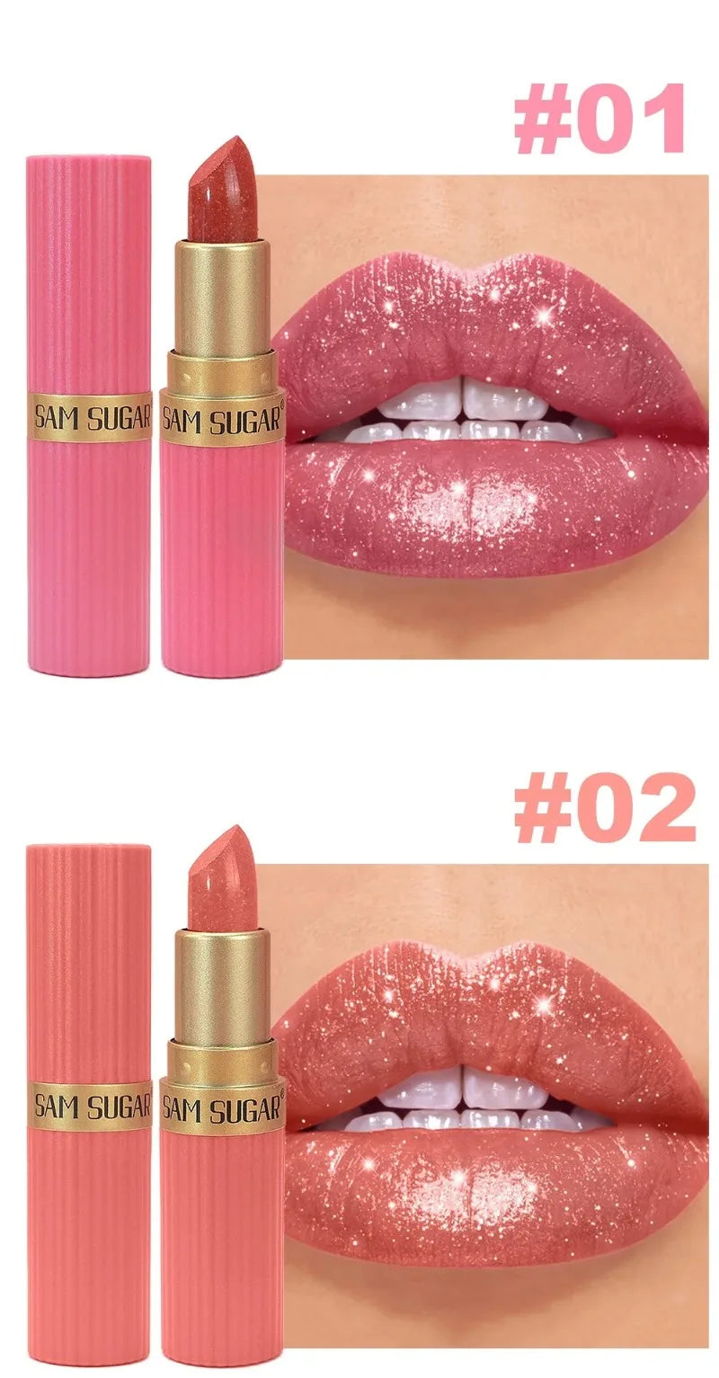 Pearlescent Pink Glitter Lipstick Metallic Waterproof Long Lasting Nude Matte Velvet Lip Stick Shimmer Diamond Women Sexy Makeup