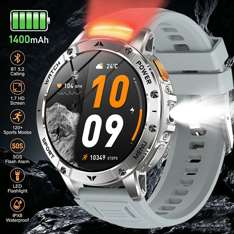 Smart Watch 1400mAh Battery 1.7'' IPS Screen 120+ Sports SOS Strobe Alarm IPX8 Waterproof LED Light BT Call Men Women Xmas Gift
