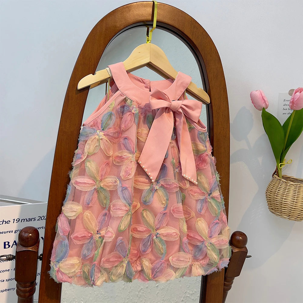 Bear Leader Girl Dress 2025 Summer New Girl Dress Princess Dress Little Girl Fashion Colorful Flower Yarn Dresses Kid Clothes