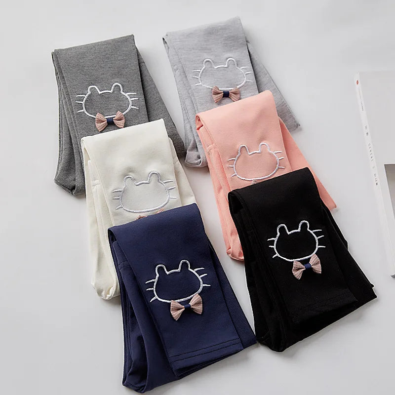 2023 Children Girls Leggings Cotton Elastic Waist Spring Autumn Thin Warm Plus Cute Print Bow Cat Kids Baby Bottom Part Pants
