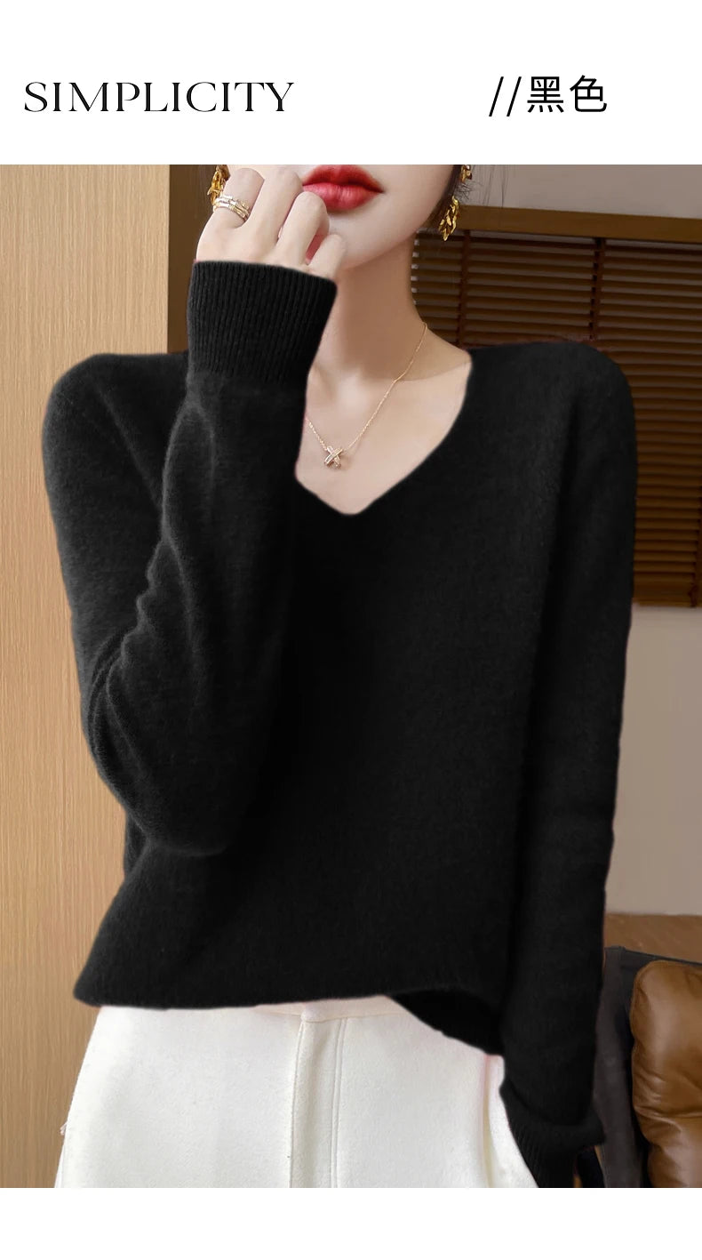 Fashion Pullover 100% Merino Wool Women Sweater V-Neck Long Sleeve Basic Jumper Spring Autumn Winter Clothing Knitwear Tops