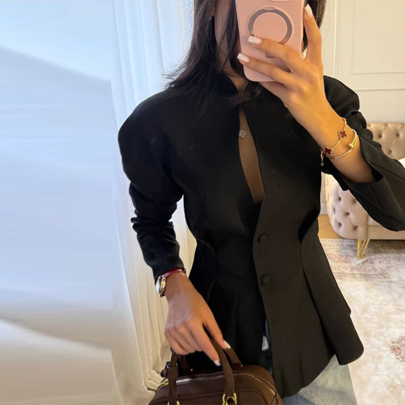 Elegant Pleated Waist Cinched Women's Jacket  Chic V Neck Single Breasted Lace Up Coat 2026 Lady Casual Slim Commute Outerwear