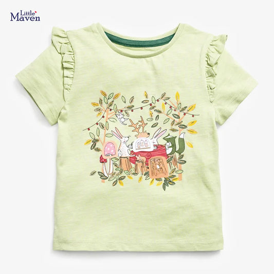 Little maven 2024 Baby Girls Pretty Green T-Shirt with Animals Cotton Lovely Tops Children Casual Clothes for Kids 2-7 year