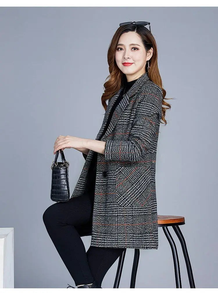 Mother's clothing Plaid Woolen Jacket 5xl Autumn Winter Female Thicken Slim Middle length Outwear Korea Women's Casual Wool Coat