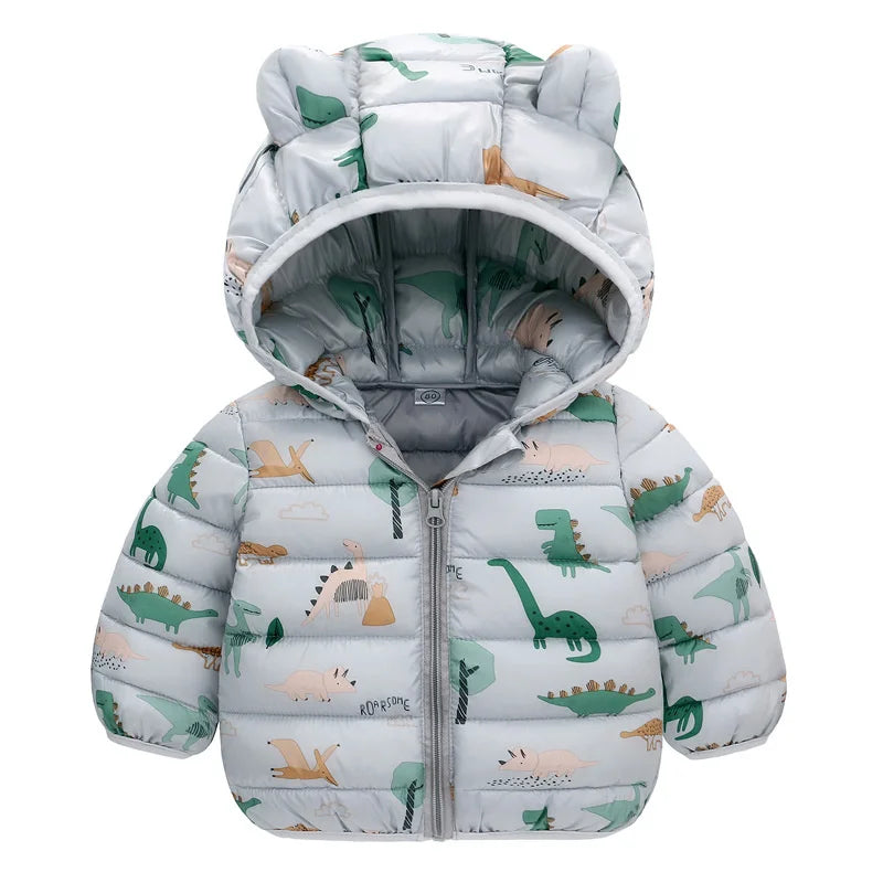 Abrigos de plumas para bebés y niñas, chaquetas con estampado de dinosaurios de dibujos animados de manga larga, ropa de abrigo con cremallera y capucha para niños de 1 a 5 años, primavera y otoño