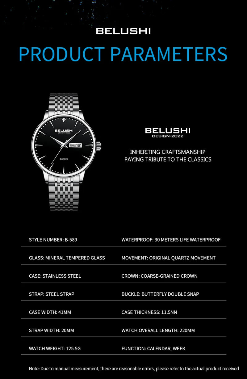 BELUSHI Simple Business Men Watches New Silver Stainless Steel Waterproof Male Wristwatch Luxury Date Brand Clocks Relógios