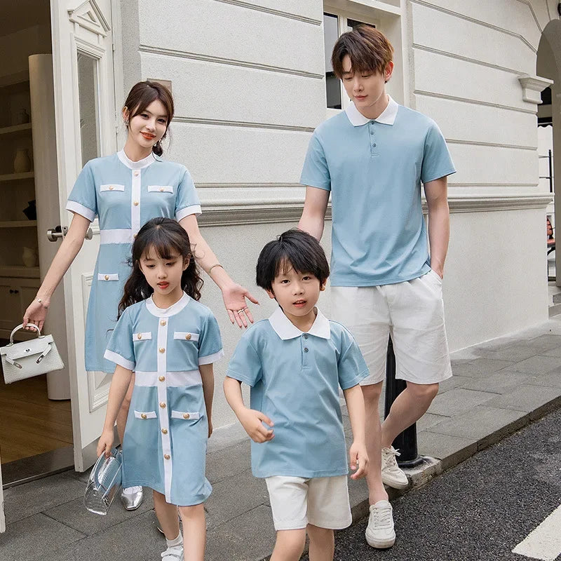 Family Bule Clothes Father and Son Polo Shirts Shorts Outfits Mother Daughter Matching Dress Brother Sister Clothes Summer