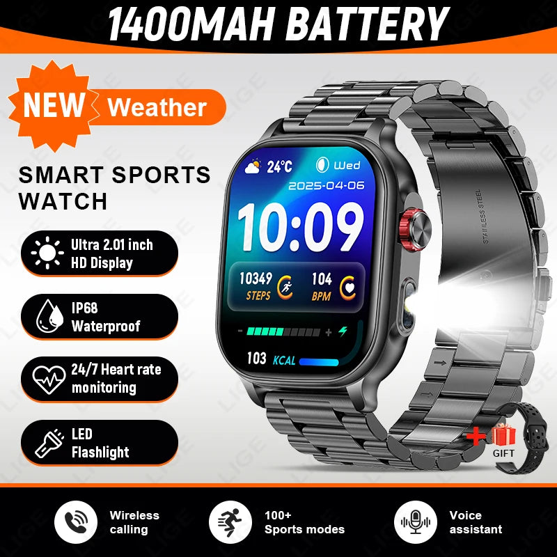 LIGE New Smart Watch Men Women 1400mAh Ultra Battery 2.01Inch HD Screen LED Flashlight IP68 Waterproof Bluetooth Call SmartWatch