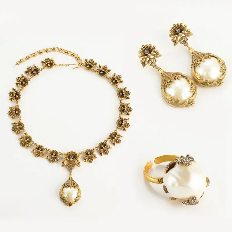 Baroque Style Freshwater Pearls Necklace Jewelry Sets For Women Gold Color Wedding Ring Set Bridal Nightwear Pendant 2025 Trend