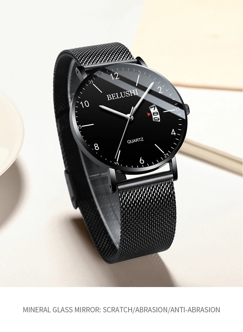 BELUSHI Luxury Brand Men Wristwatches Simple Business Stainless Steel Strap Calendar Male Watch Waterproof Fashion Gift Clock