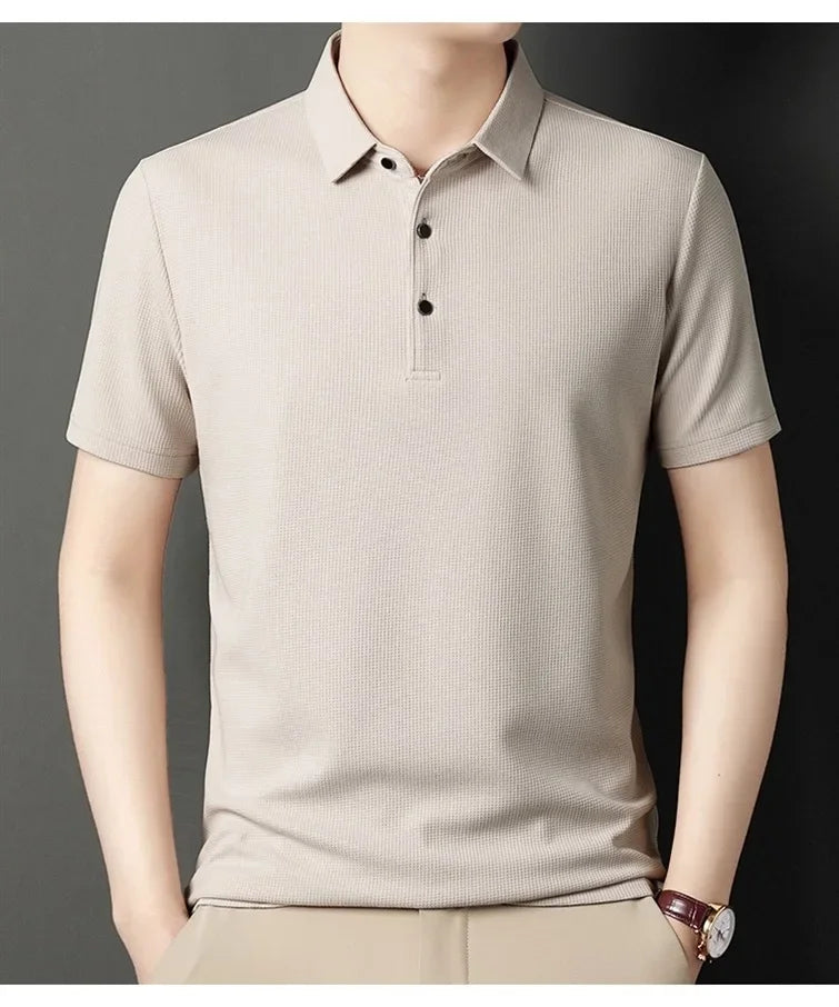 Men's Short Sleeved Lapel Polo Shirt Summer Solid Color T-shirt Loose Fitting Men's Trendy Top