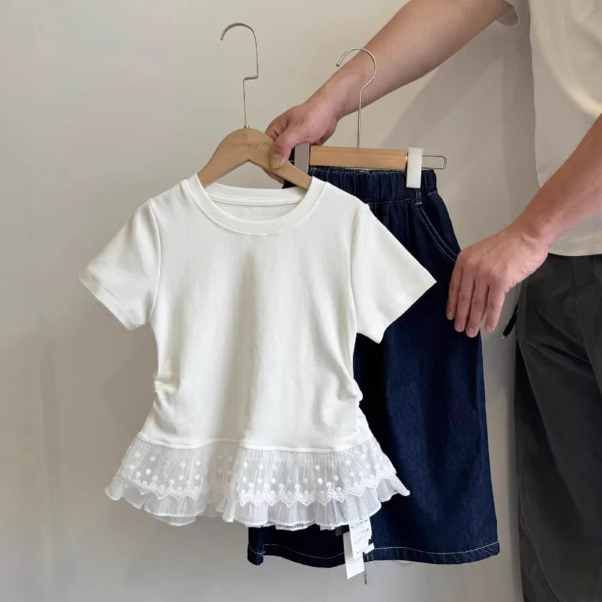 2025 Spring Summer Girls White Tee: Lace Trim Ruffle Short Sleeve Top for 3-14Y Teens Girls T-shirt Versatile Fashion Blouse