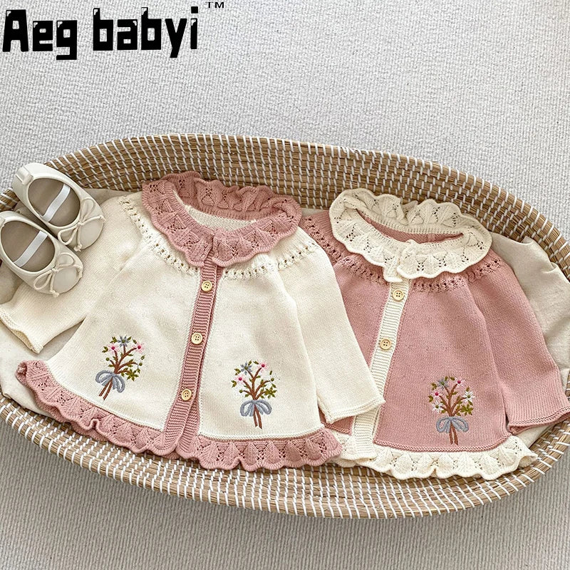Suéteres de otoño para bebé, ropa para niña, Top de punto, cárdigan con solapa de encaje bordado, abrigo infantil de punto de manga larga, ropa para recién nacido
