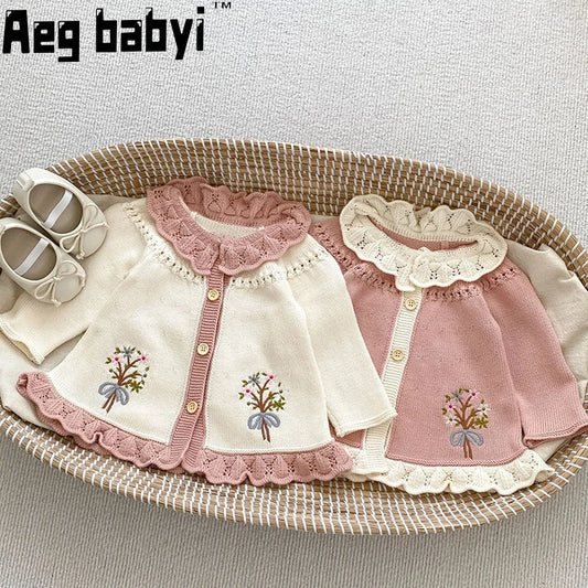 Suéteres de otoño para bebé, ropa para niña, Top de punto, cárdigan con solapa de encaje bordado, abrigo infantil de punto de manga larga, ropa para recién nacido