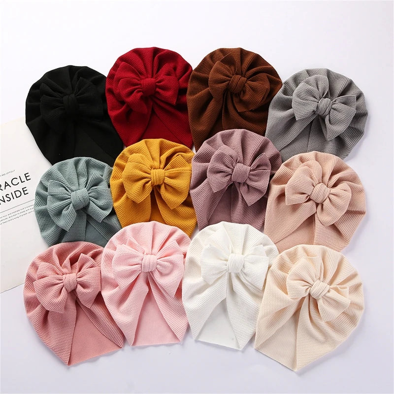 Cotton Baby Hat Solid Color Big Bow Baby Girls Beanie Cap Toddler Kids Baby Boy Turban Headwrap Hospital Caps Accessories