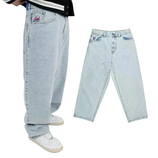 Polar Big Boy Jeans Y2K Hip Hop dibujos animados bordados Retro Azul pantalones vaqueros holgados pantalones góticos para hombre y mujer pantalón de pierna ancha de cintura alta