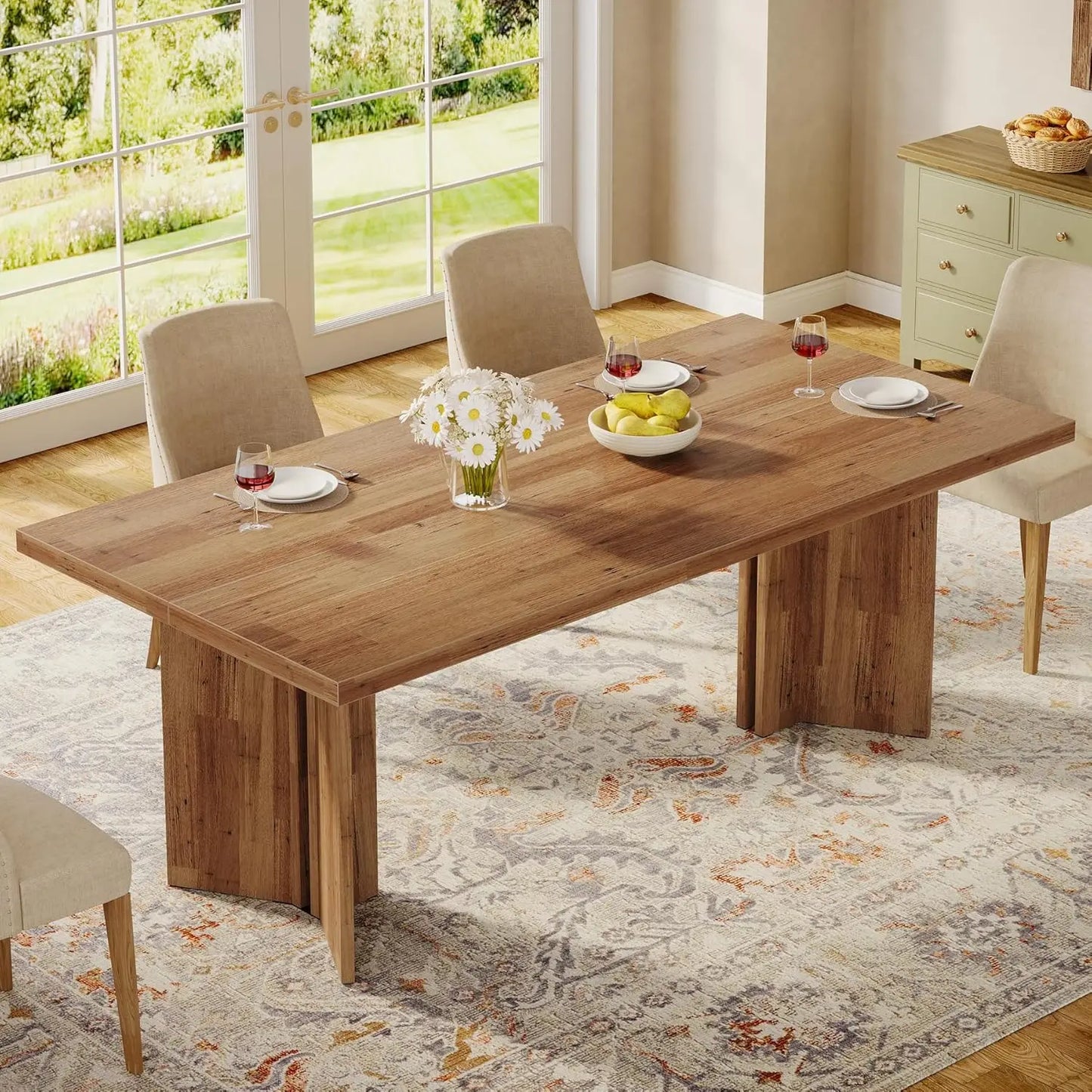 Farmhouse Dining Table for 4 to 6 People, 63-inch Rectangle Wooden Kitchen Table with Large Tabletop and Heavy Duty, Customized
