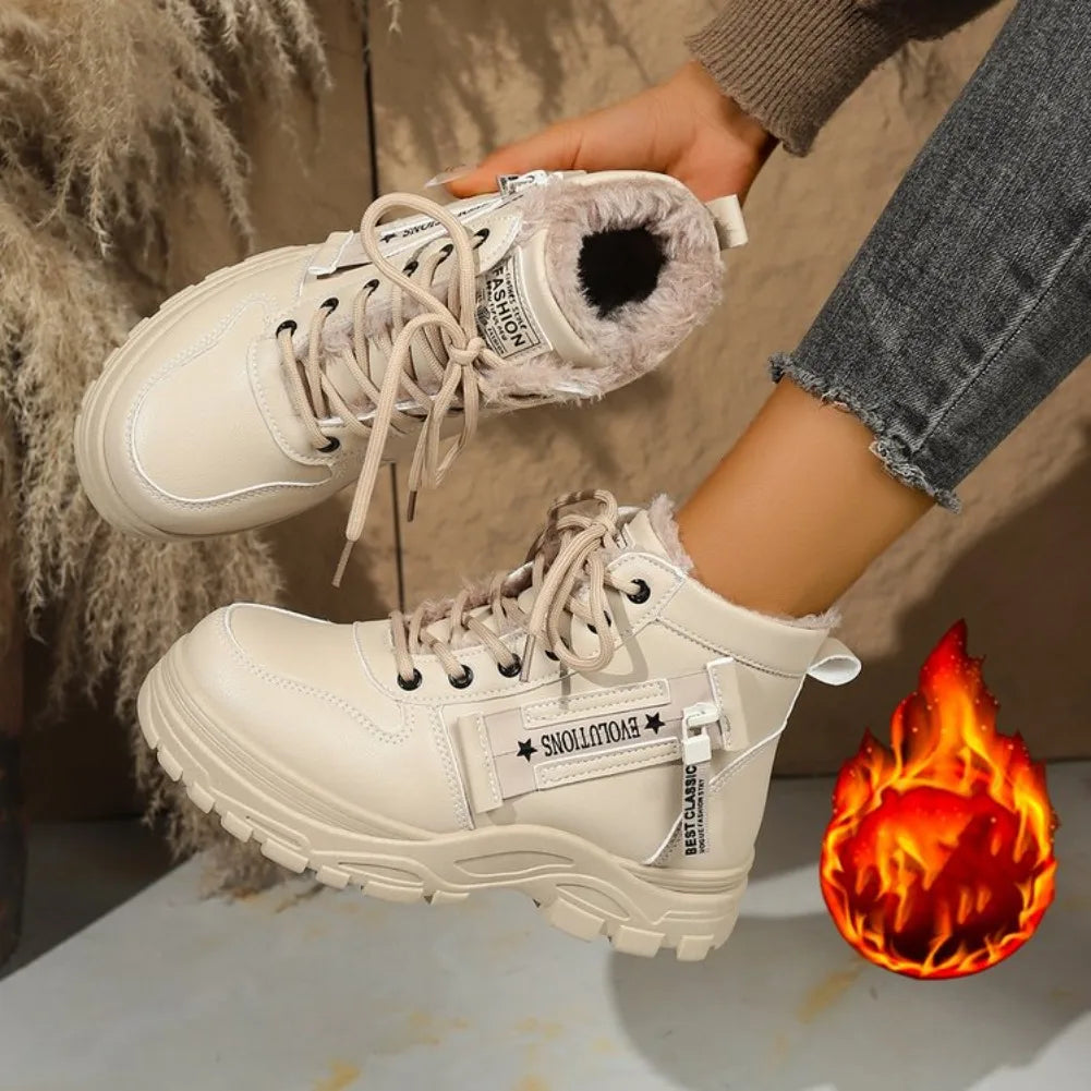 Women's Winter Snow Boots Warm Plush Lined Lace Up Chunky Platform Sneaker Booties Side Zipper Outdoor Walking Shoes for Ladies