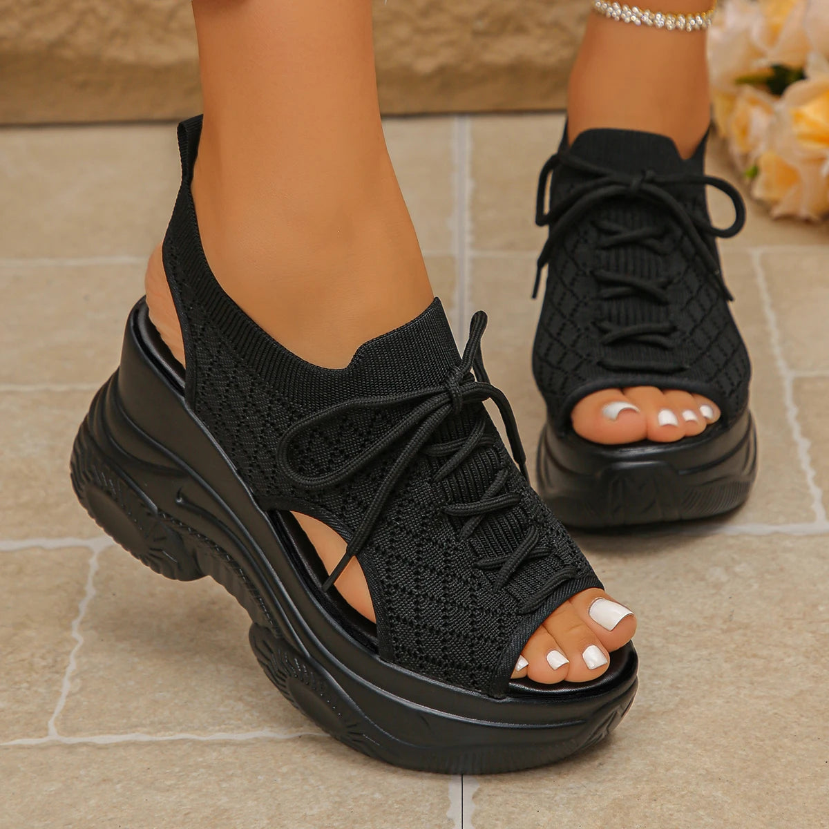 Women Sandals Non-slip Thick-soled Lace-up Casual Shoes for Women Summer Fashion Comfortable Sandals Round-toe Wedge Roman Shoes