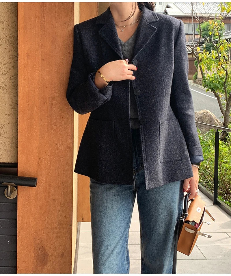 50 Wool Women Notched Collar Blazer Jacket Coat Fall Winter Thick Warm Overcoat Pocket Fashion Slim Waist Buttons Coat 2024 New